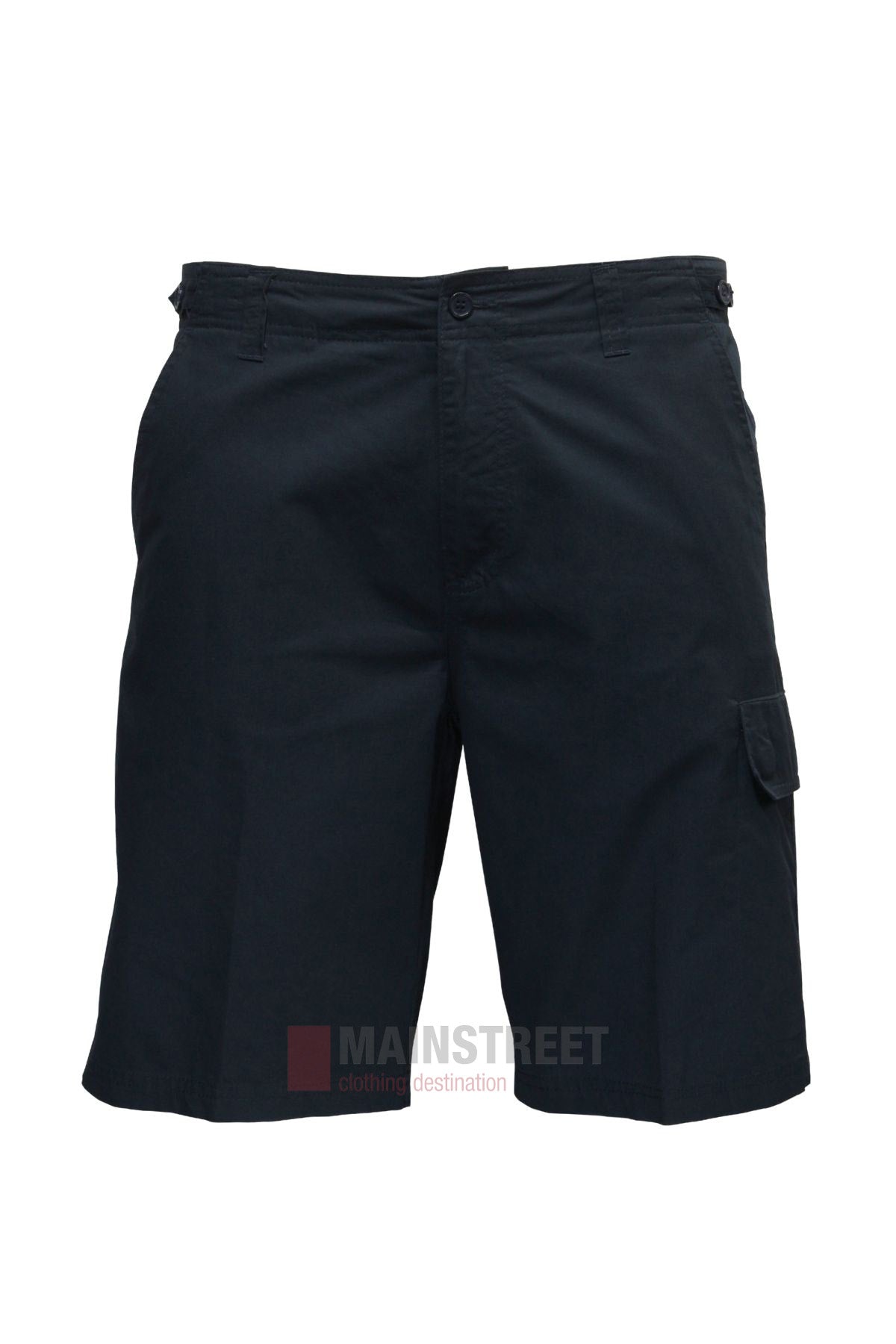 The Savane Burleigh Cargo Shorts are plain black with a button and zip closure, adjustable waistband, side pockets, and a right-leg flap pocket, shown against a white background.
