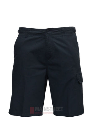 The Savane Burleigh Cargo Shorts are plain black with a button and zip closure, adjustable waistband, side pockets, and a right-leg flap pocket, shown against a white background.