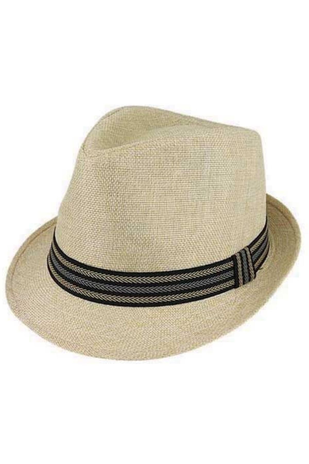 The Scala Polyester Trilby is a stylish beige fedora with a short brim and a black and gray striped band, offering added sun protection. Shown against a plain white background.