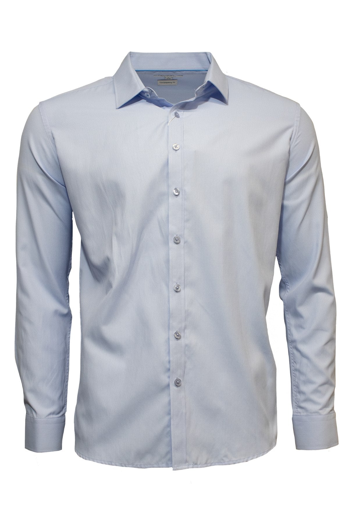 The Seine Soft Touch Dress Shirt is a light blue, long sleeve, button-up shirt with a contemporary fit and collar. Crafted from 100% wood pulp, it looks crisp and neatly pressed against a plain white background.