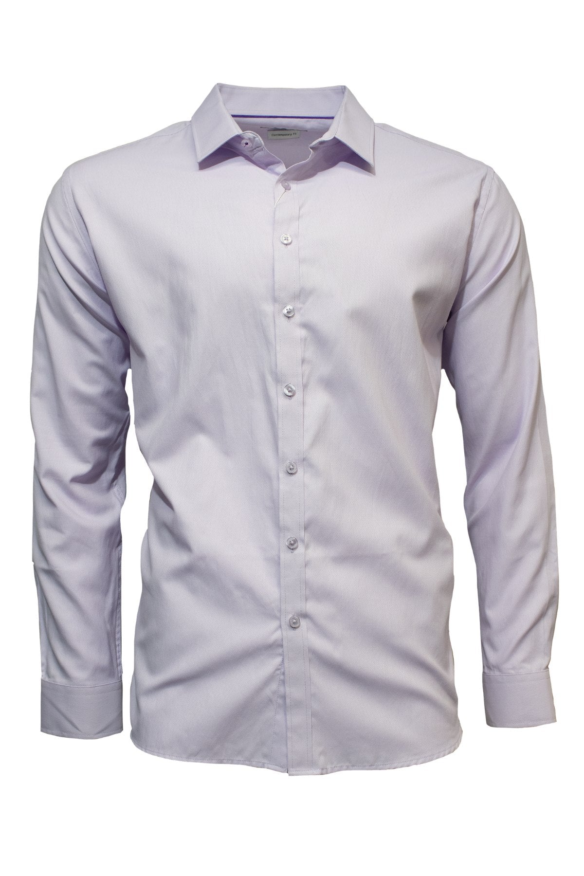 The Seine Soft Touch Dress Shirt features long sleeves, a pointed collar, and a button-down front in light lavender, made from 100% wood pulp for a modern fit. Displayed on a white background.