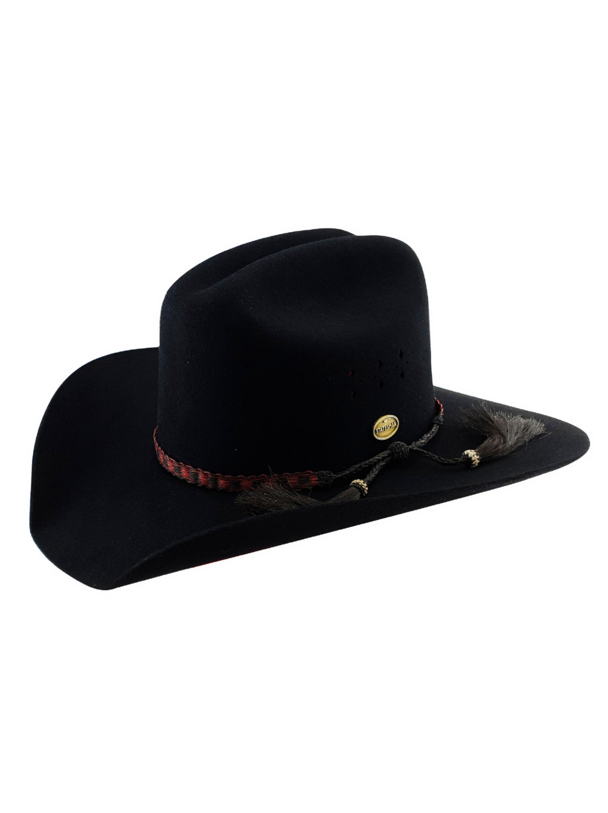 The Statesman Great Divide Fur Felt Hat is a black cowboy hat with a wide brim and a decorative band featuring small feathers, horsehair, and a metal emblem.