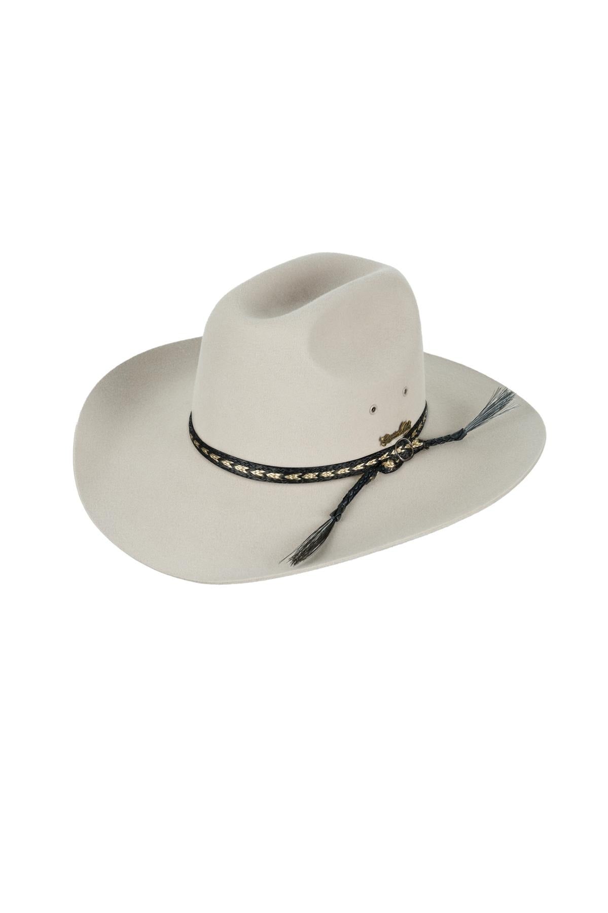 The Thomas Cook Station Hat is a light gray, shower-proof Australian style hat with a wide brim, a black star-patterned band with tassels, and a comfortable leather sweatband for all-day wear.