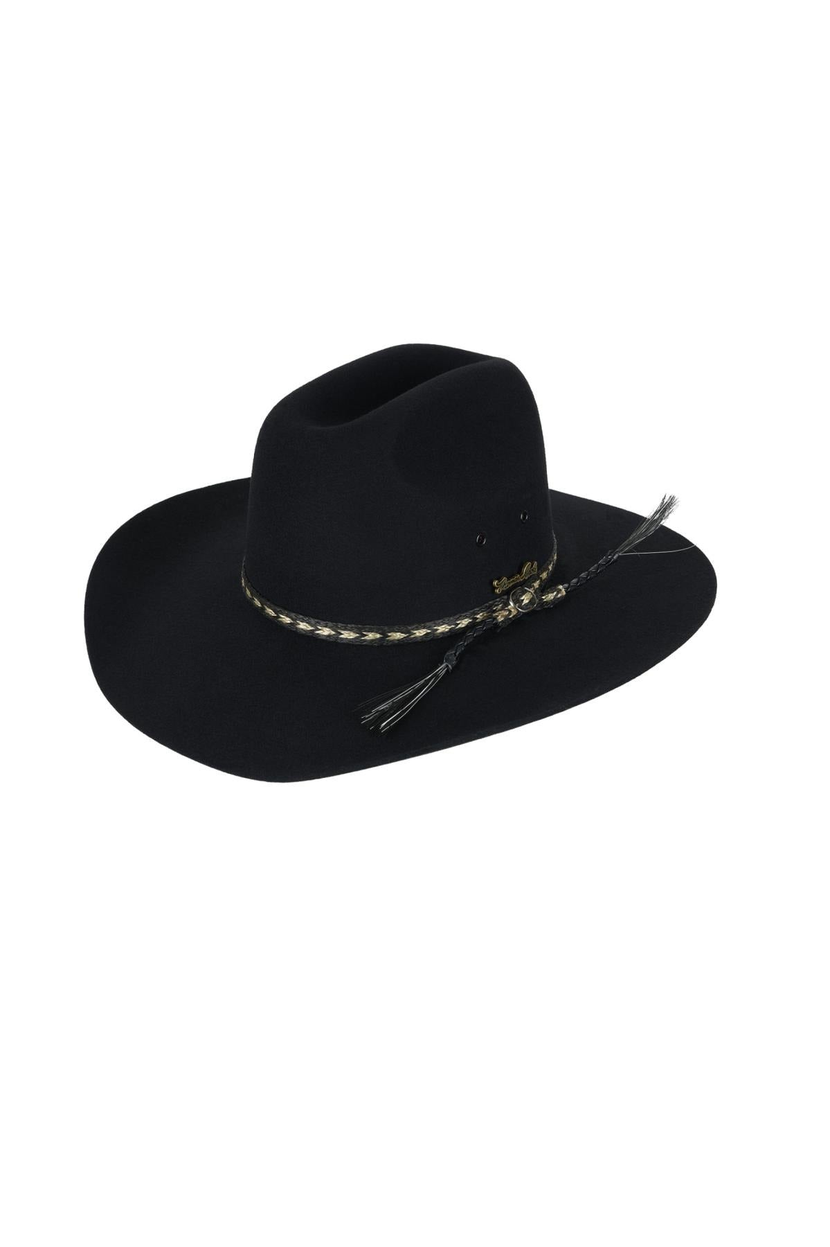 The Thomas Cook Station Hat is a black, wide-brimmed Australian style hat with a decorative braided hatband, small metal side accent, and a comfortable leather sweatband, shown against a white background.