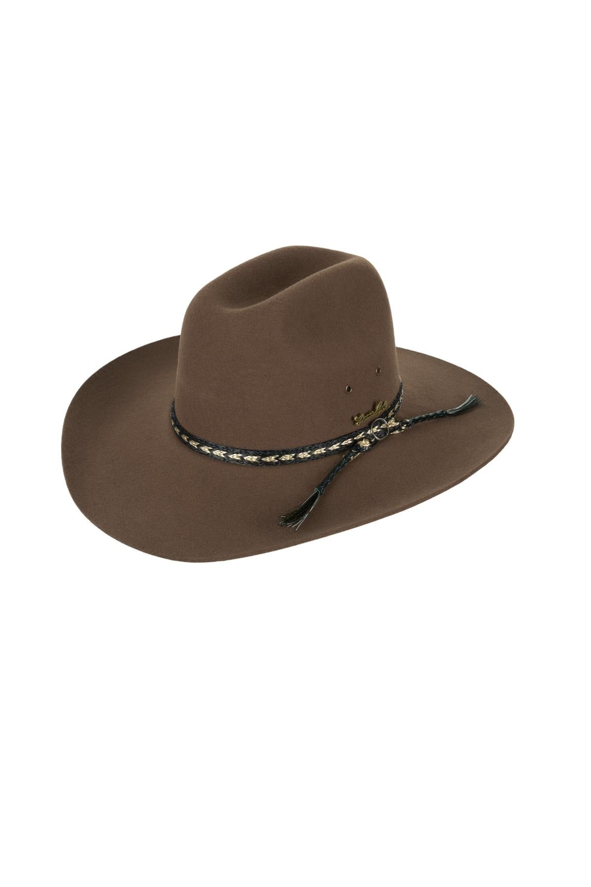 The Thomas Cook Station Hat is a brown, wide-brimmed Australian-style hat featuring a black and tan braided band with a small side bow, shown against a white background.