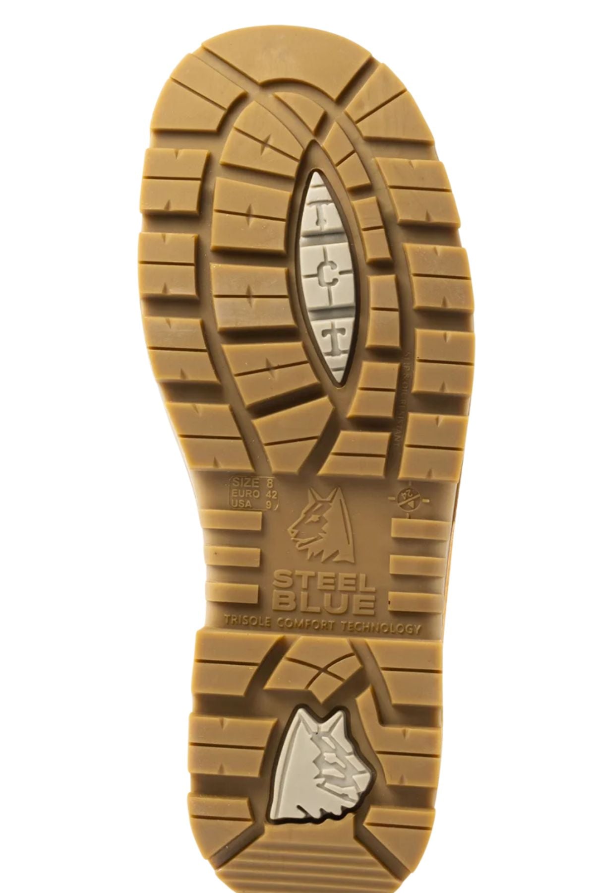 Tan rubber sole featuring deep treads, Steel Blue branding, and an engraved tree logo—designed specifically for the Steel Blue Argyle Zip Scuff Cap Boot Composite Toe. Visible size markings and a textured grip pattern deliver superior traction while showcasing the trusted durability of the Argyle range.
