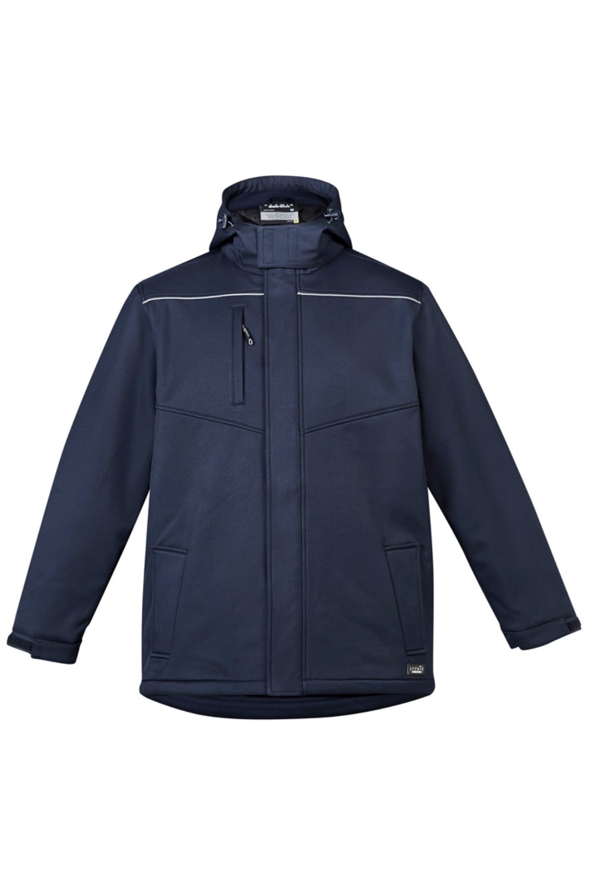 The Syzmik Antarctic Softshell Jacket is navy blue and water-resistant, featuring a hood, front zipper, and three pockets. It combines comfort with style through its slightly curved hem and simple stitching for a practical yet stylish design.