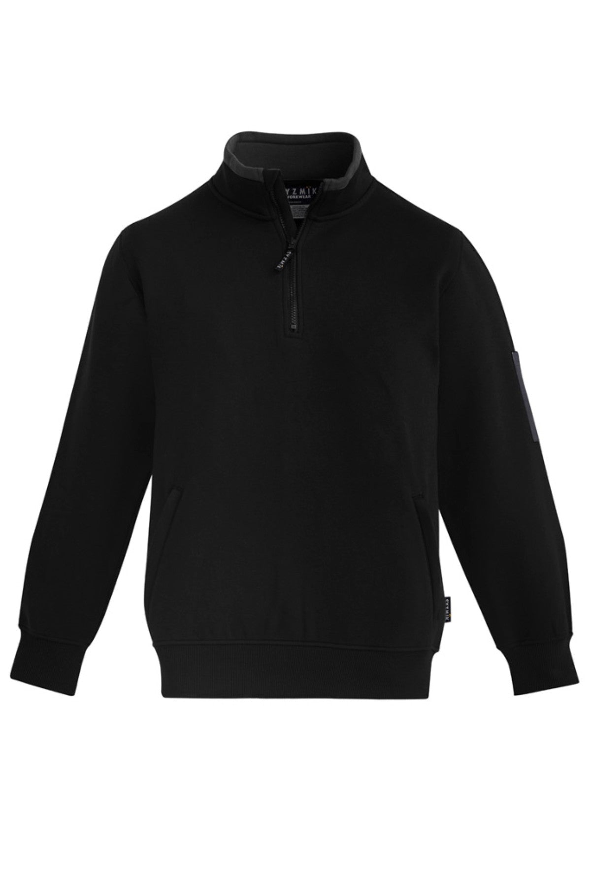 The Syzmik Half Zip Pullover is a black, long-sleeved pullover with a high collar, made from a soft polyester/cotton blend. It features ribbed cuffs and hem, a half-zip front, and a convenient pocket on the left sleeve.