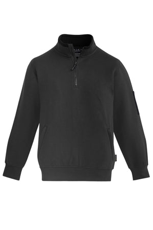 The Syzmik Half Zip Pullover is a black pullover featuring a half-zip closure, long sleeves, and ribbed cuffs and hem. This comfortable fleece showcases a zippered pocket on the upper left sleeve and angled side pockets. The stand-up collar provides added warmth, while it is made from neatly finished Polyester/Cotton fleece.