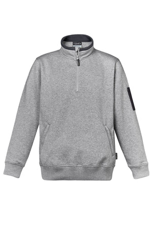 The Syzmik Half Zip Pullover is a grey, long-sleeve top made from soft Polyester/Cotton fleece. It features a half zip collar, ribbed cuffs and hem, two front pockets, and a black patch on the left sleeve.