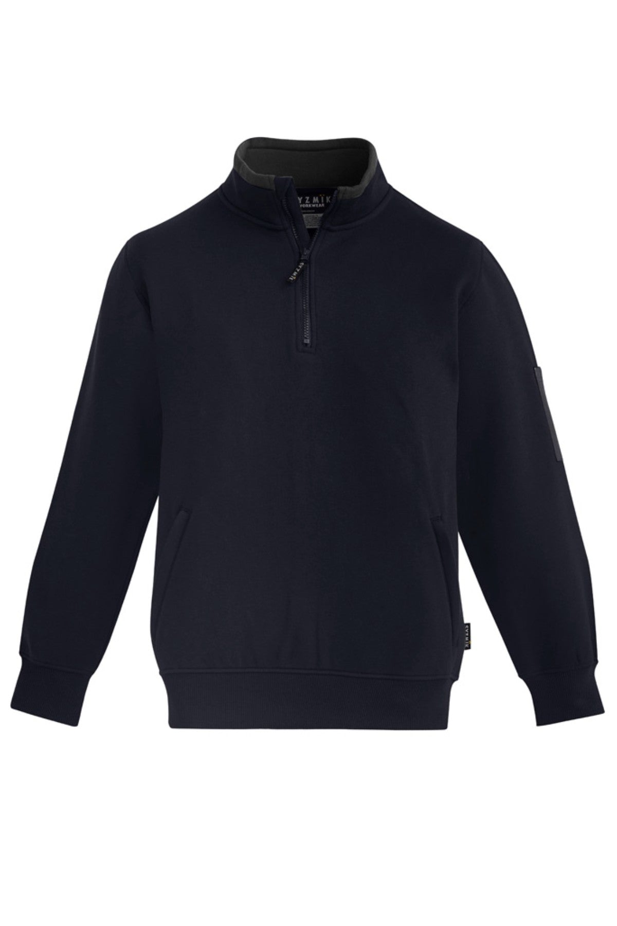 The Syzmik Half Zip Pullover is a black long-sleeve top with a standing collar and a half zipper down the front. This comfortable fleece features ribbed cuffs and hem, along with a small zippered pocket on the left sleeve.