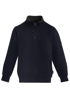 The Syzmik Half Zip Pullover is a black long-sleeve top with a standing collar and a half zipper down the front. This comfortable fleece features ribbed cuffs and hem, along with a small zippered pocket on the left sleeve.