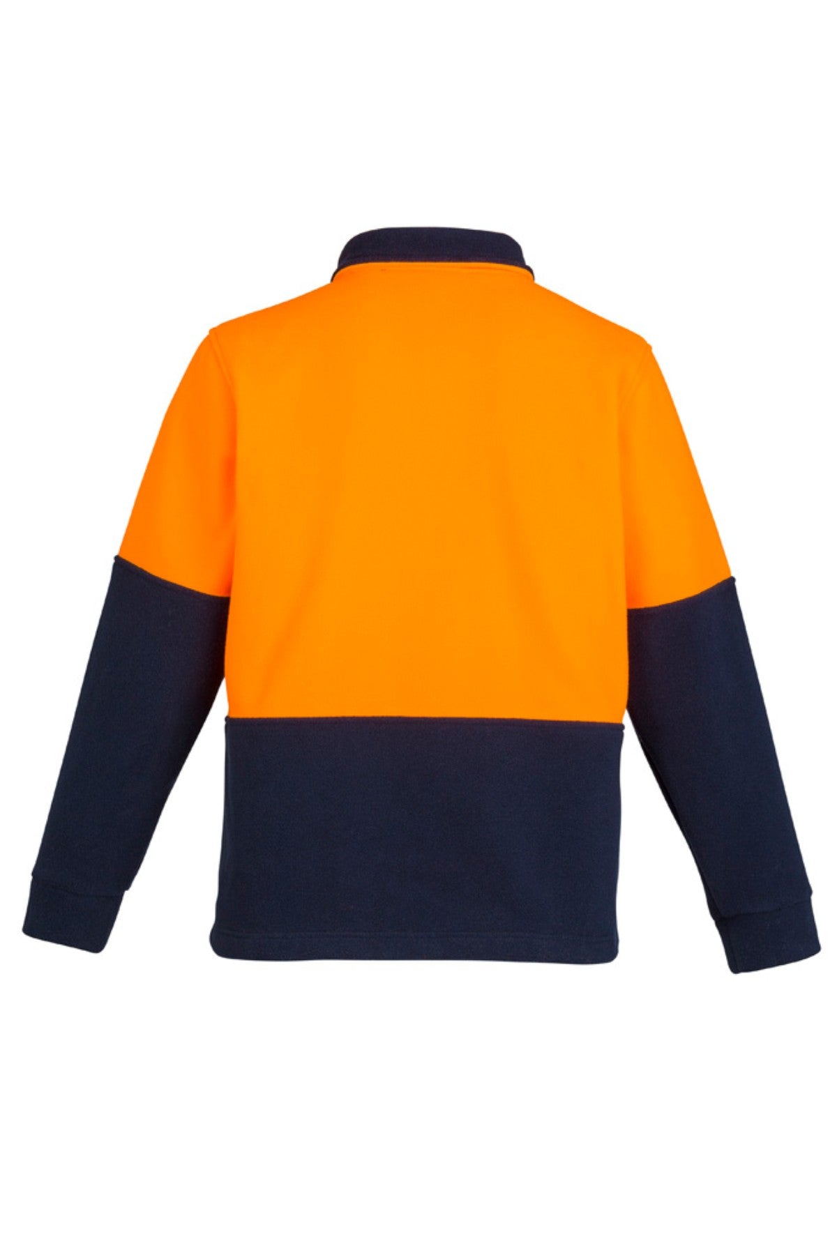 The Syzmik Hi Vis Half Zip Polar Fleece Jumper features long sleeves, heavyweight 100% polyester, a bright orange top half, and a navy blue bottom half. Shown from the back for clear visibility of its design.