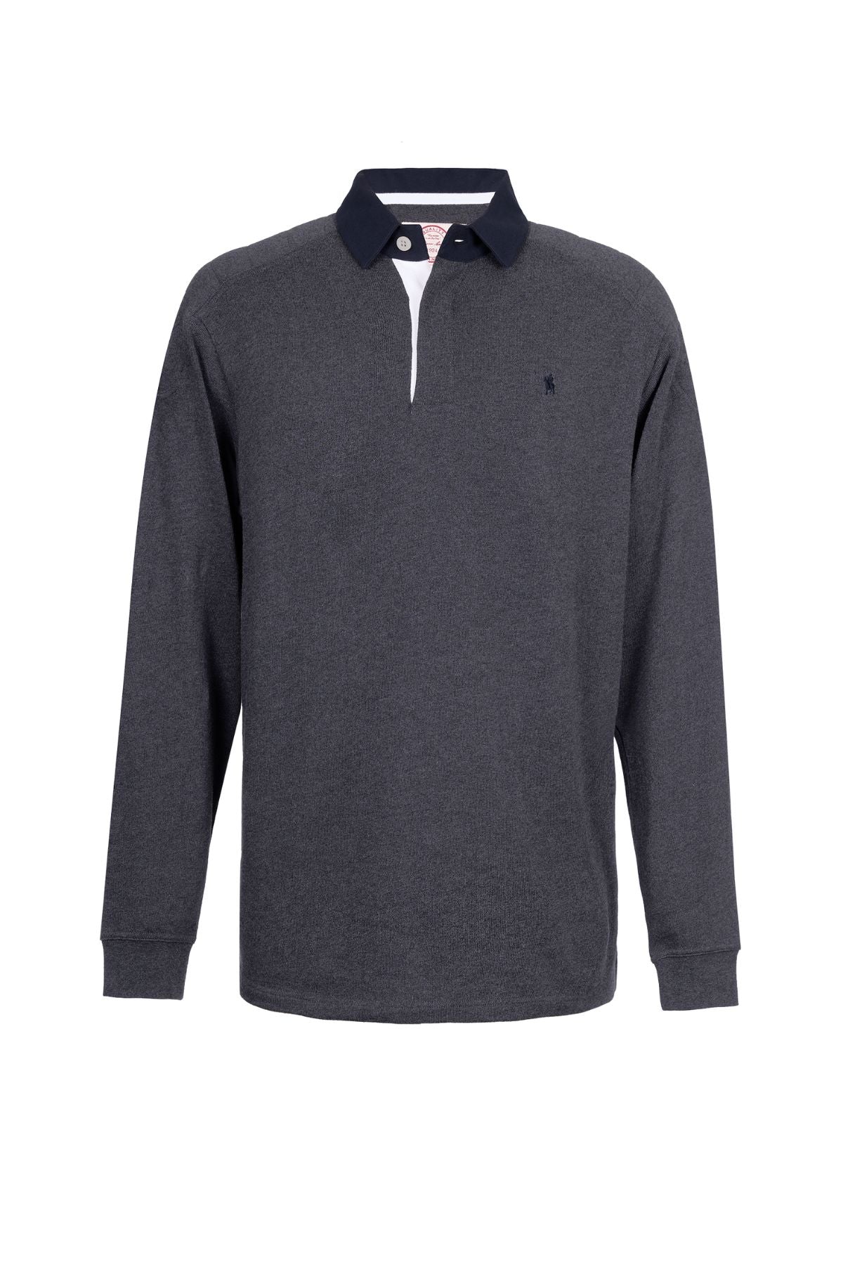 The Thomas Cook Bill Rugby is a long-sleeve, dark gray cotton shirt with quilted shoulders, navy collar, white button placket, and a small embroidered logo on the left chest.
