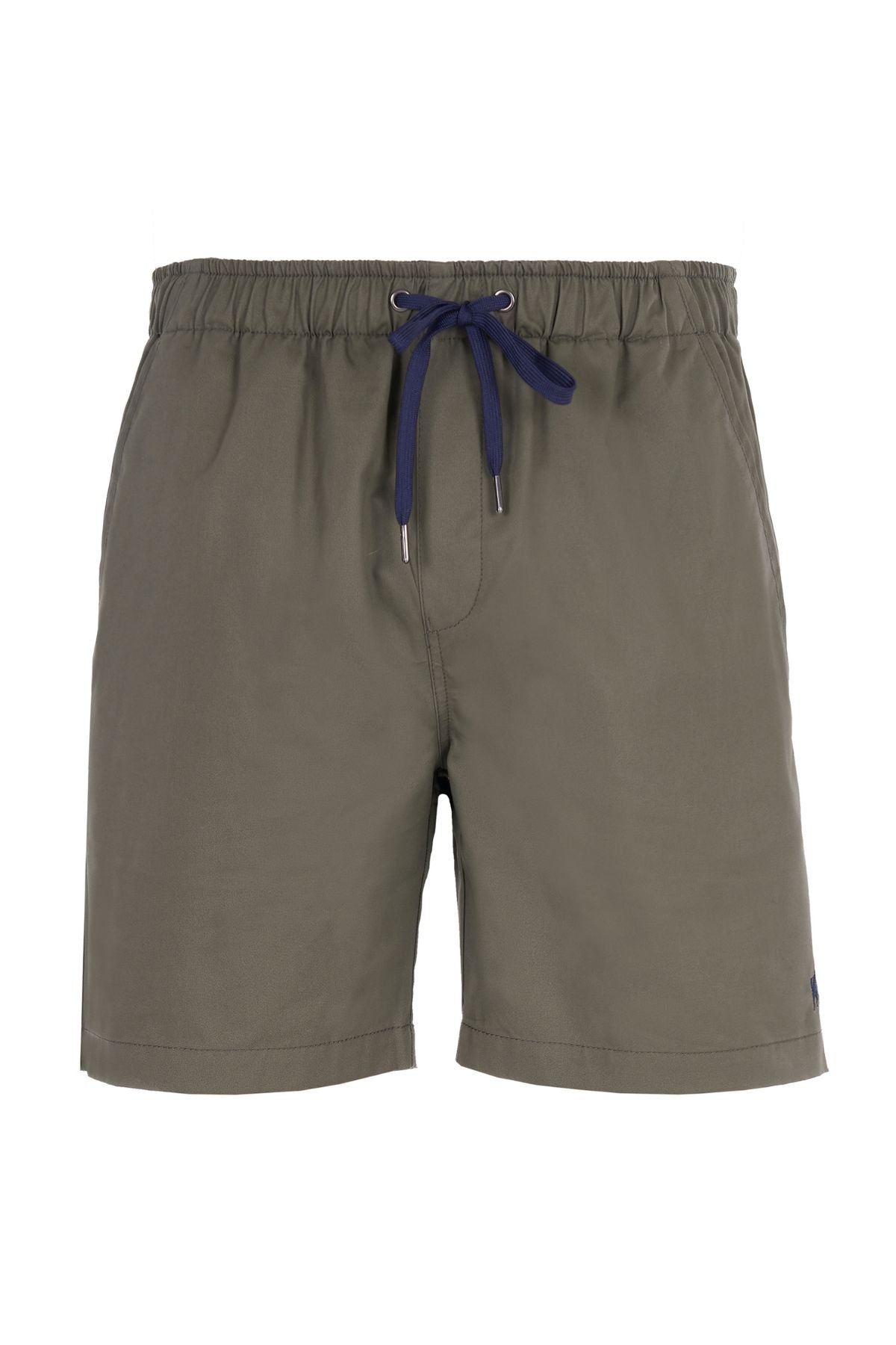 Olive green Thomas Cook Darcy Shorts, made from 100% cotton, with an elasticated waistband, navy blue drawstring, and practical side pockets, shown on a white background.