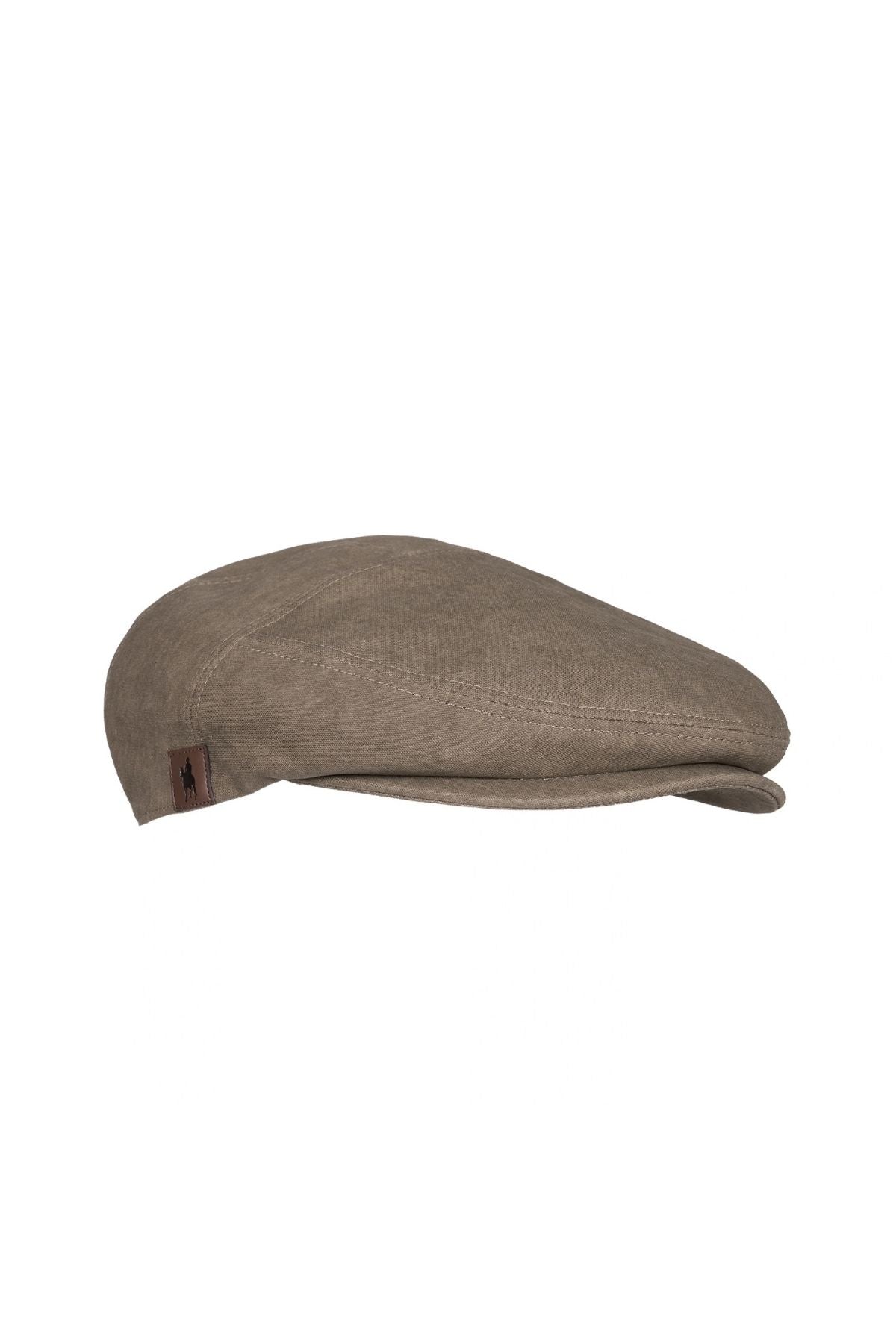 The Thomas Cook Evan Driver Cap is a light brown cotton cap with a slightly curved brim, shown from the side. It features a small leather patch on the left, showcasing classic Thomas Cook style.