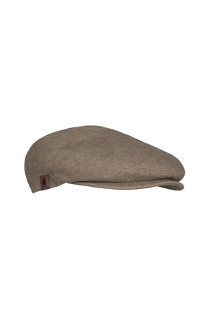 The Thomas Cook Evan Driver Cap is a light brown cotton cap with a slightly curved brim, shown from the side. It features a small leather patch on the left, showcasing classic Thomas Cook style.