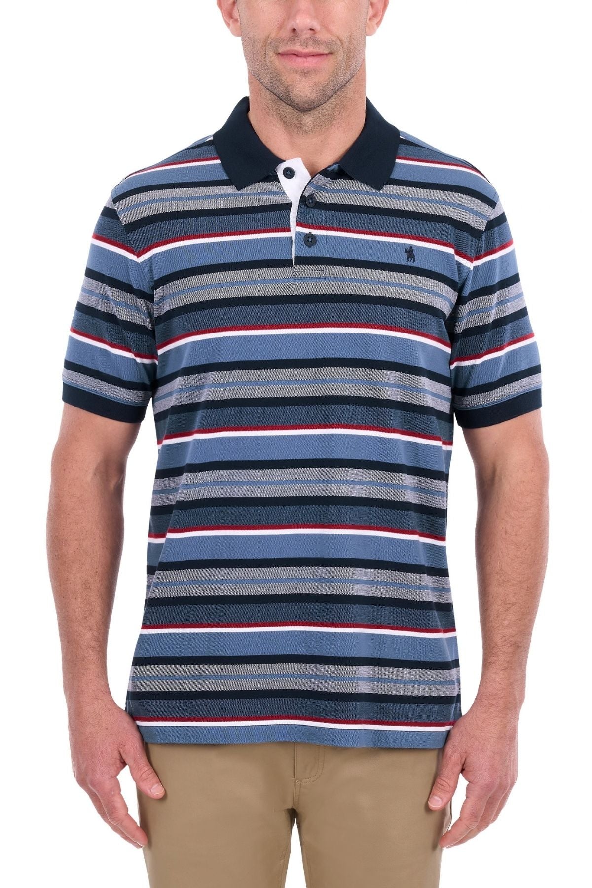 A man stands against a white background wearing the Thomas Cook Glenn Polo, a short-sleeve shirt with blue, gray, red, and white stripes and a dark collar, paired with beige pants.