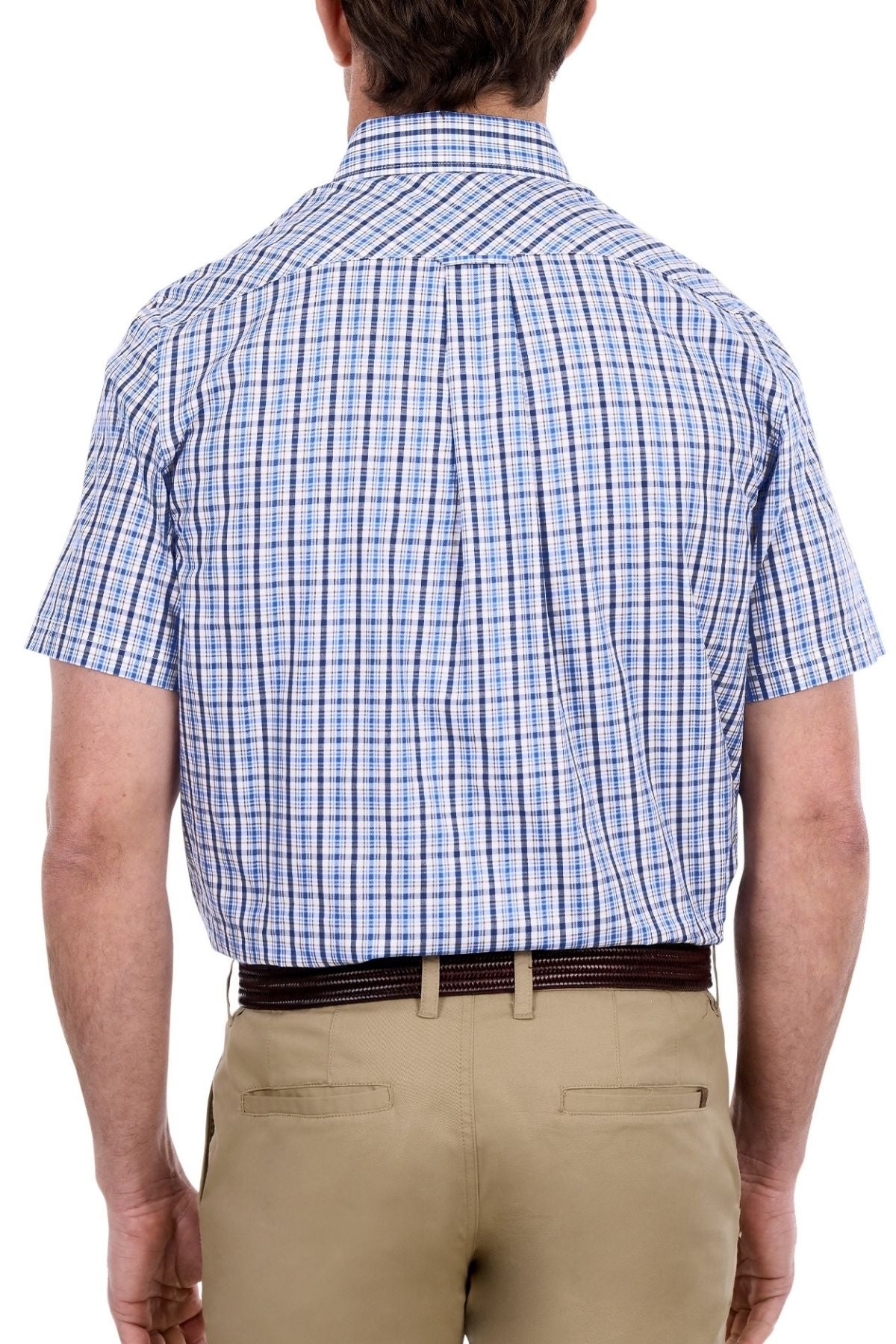 A man is shown from the back wearing the Thomas Cook Jude Short Sleeve Shirt, a blue and white plaid workwear top made from 100% cotton, tucked into beige pants.