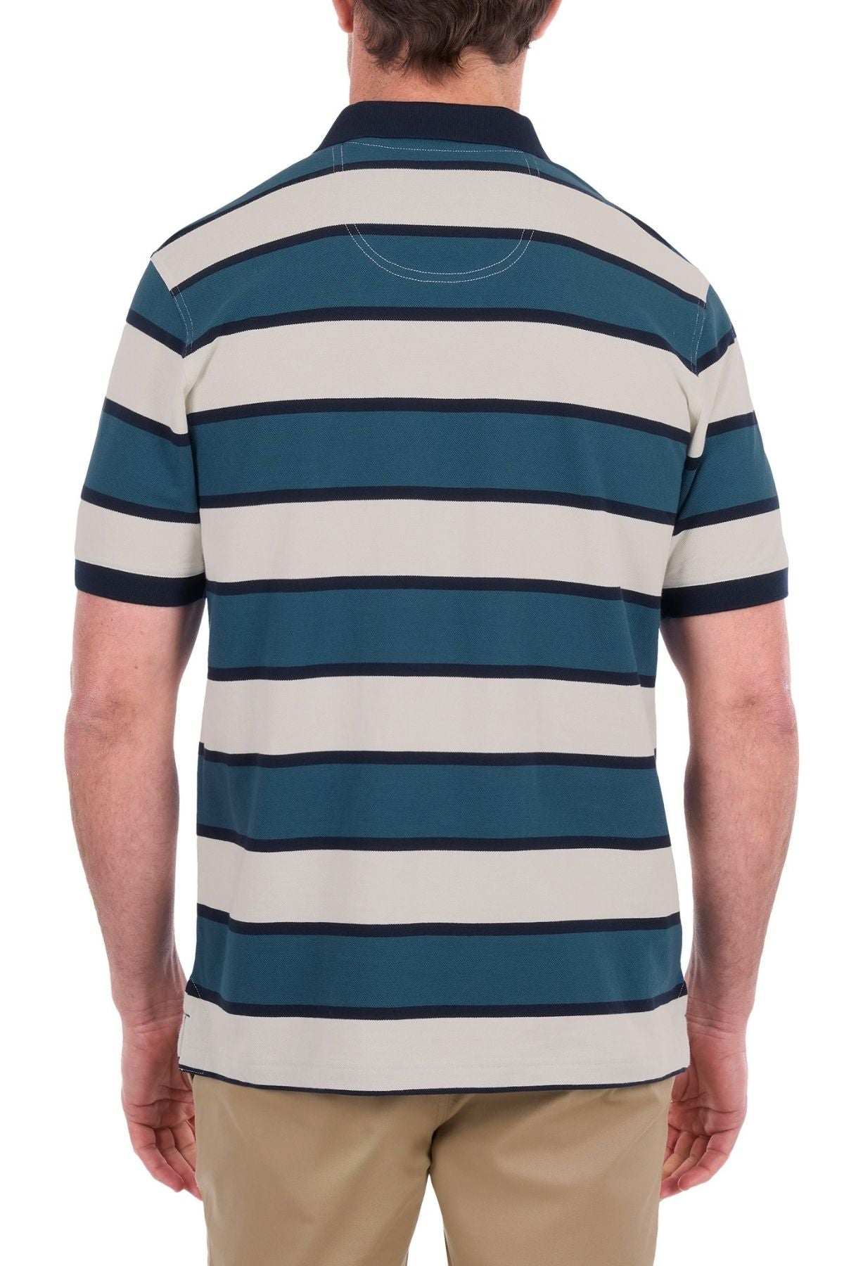 A man is seen from the back against a white background, wearing the Thomas Cook Martin Polo—a short-sleeve men’s striped polo in teal and beige crafted from soft cotton pique—and khaki pants.