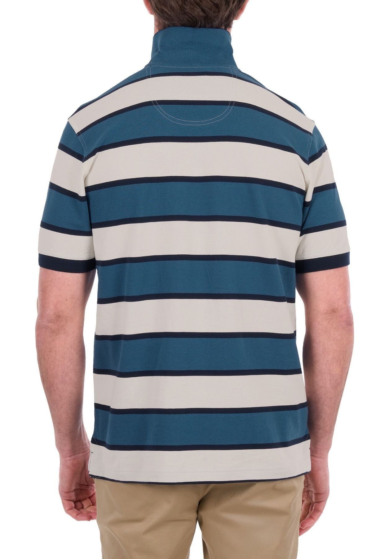 A person is shown from the back against a white background, wearing the Thomas Cook Martin Polo— a short-sleeve men’s striped polo in teal and beige crafted from comfortable cotton pique—paired with khaki pants.