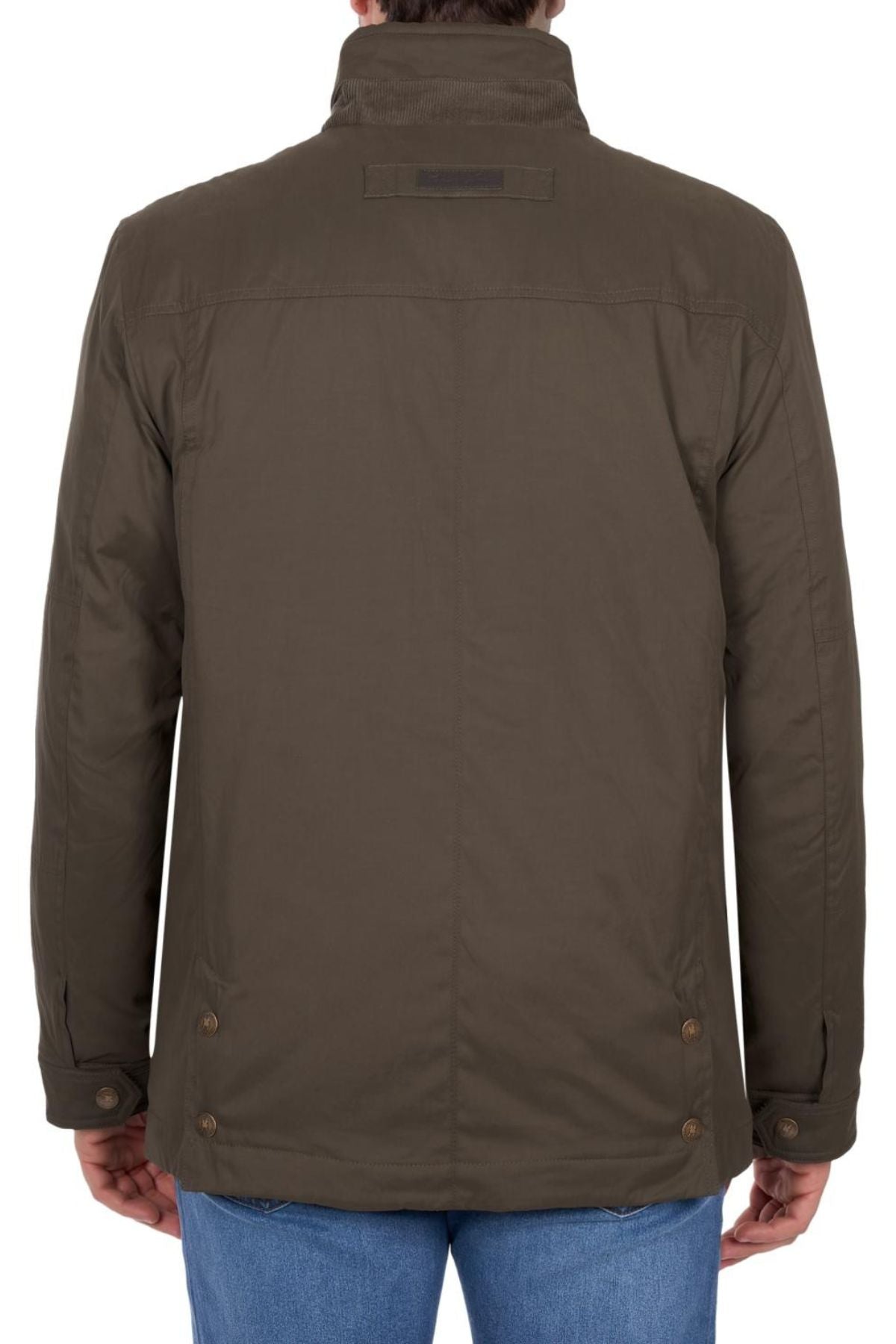 A person is shown from the back on a white background wearing a dark olive green Thomas Cook Matt Jacket with buttoned cuffs and blue jeans, highlighting stylish weather protection.