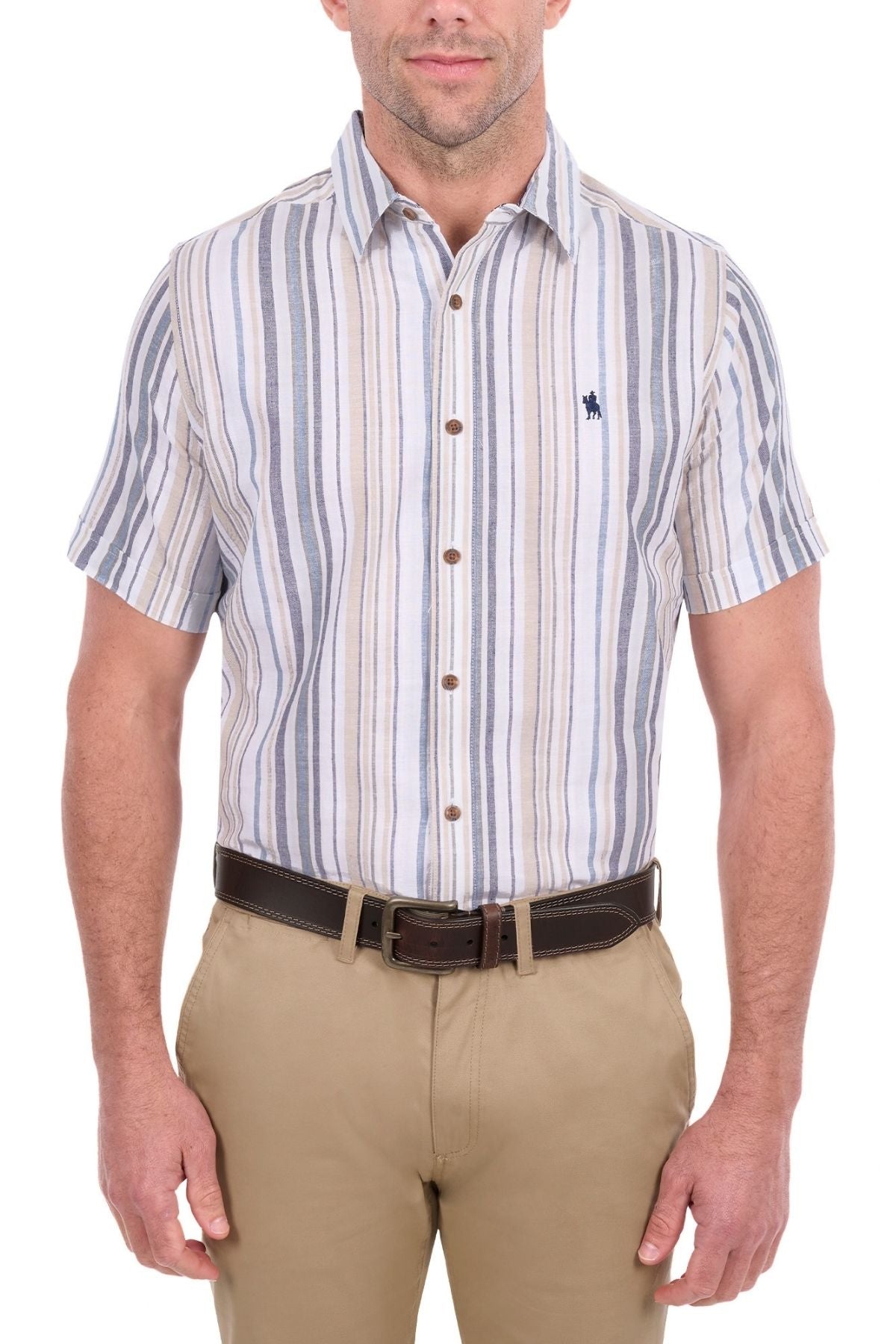 A man wearing the Thomas Cook Max Short Sleeve Shirt, featuring casual striped cotton linen styling, paired with tan pants and a dark brown belt, stands against a white background.