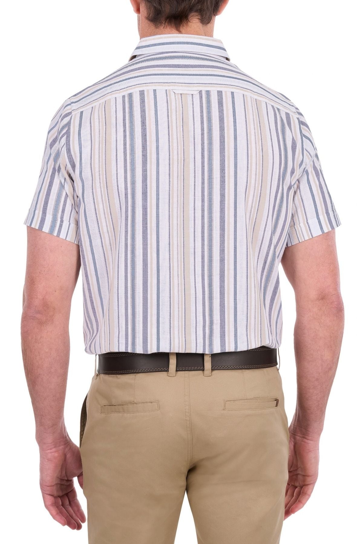 A man wearing the Thomas Cook Max Short Sleeve Shirt and khaki pants, viewed from the back against a white background.