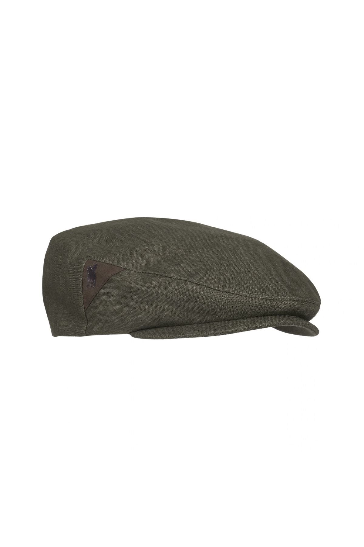 The Thomas Cook Nathan Driver Cap is a dark green linen cap featuring a short brim and a subtle stitched logo on the side, photographed against a white background. It offers classic styling and sun protection for everyday wear.