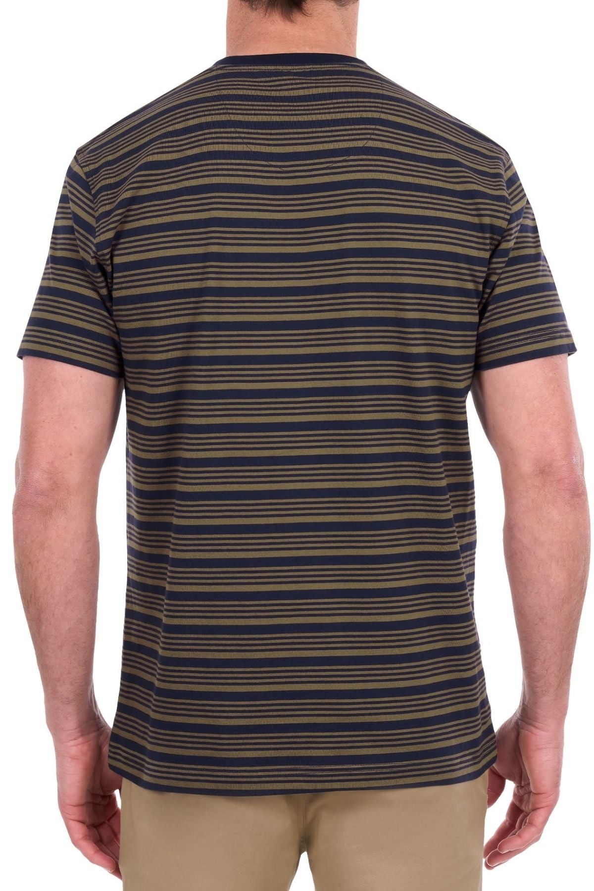 A person is shown from the back against a white background, wearing the Thomas Cook Oliver Tee—a short-sleeve navy and olive striped shirt made from soft cotton jersey—paired with beige pants.