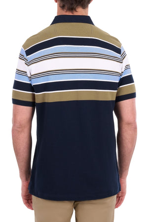 A man wearing the Thomas Cook Phillip Polo, a short-sleeve cotton pique shirt featuring multi-colour stripes in navy, olive, white, and light blue, viewed from the back. He is also dressed in khaki pants.