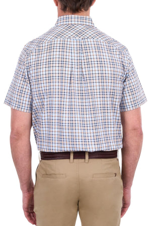 A person shown from the back against a white background is wearing the Thomas Cook Ted Short Sleeve Shirt—a blue and white cotton check shirt—tucked into khaki pants with a brown belt.