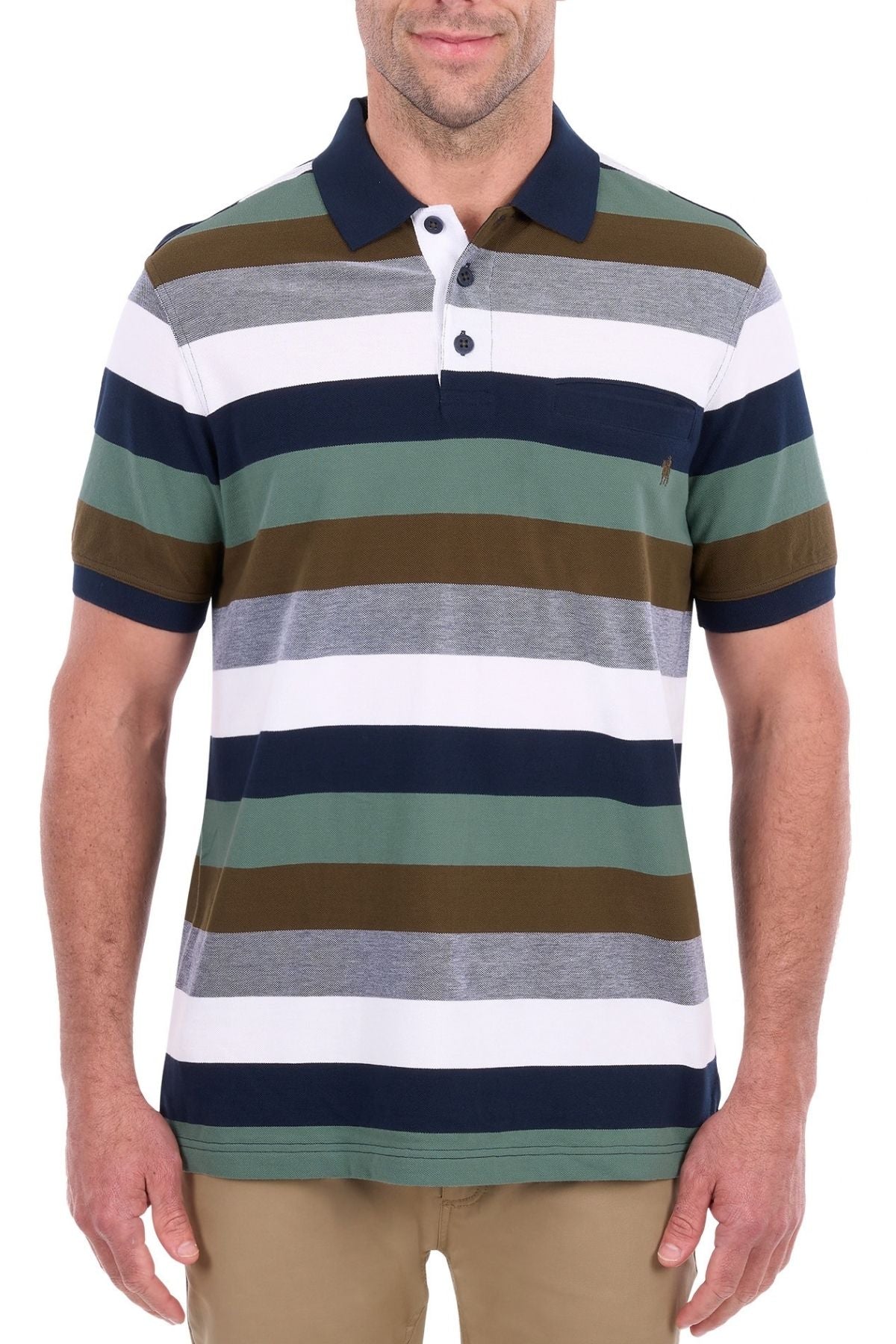 A man dressed in the Thomas Cook Wayne Polo—a short-sleeve, collared shirt made from pure cotton pique and designed with horizontal stripes in green, navy, white, grey, and brown—paired with khaki pants.