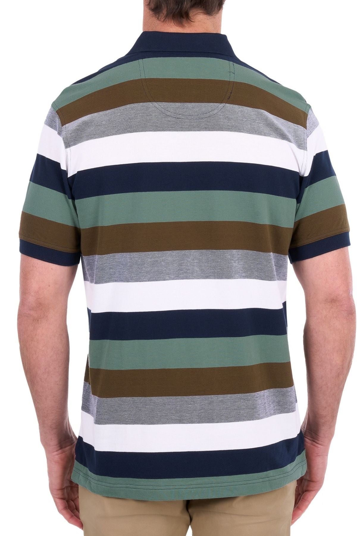 A man is seen from the back wearing the Thomas Cook Wayne Polo, a 100% cotton pique polo with multi-colour stripes in green, white, navy, gray, and brown. He pairs it with beige pants.