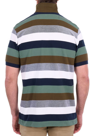 A person is seen from the back wearing the Thomas Cook Wayne Polo, a short-sleeve collared shirt made from 100% cotton pique and featuring horizontal stripes in green, brown, navy, gray, and white. The individual is also dressed in khaki pants.