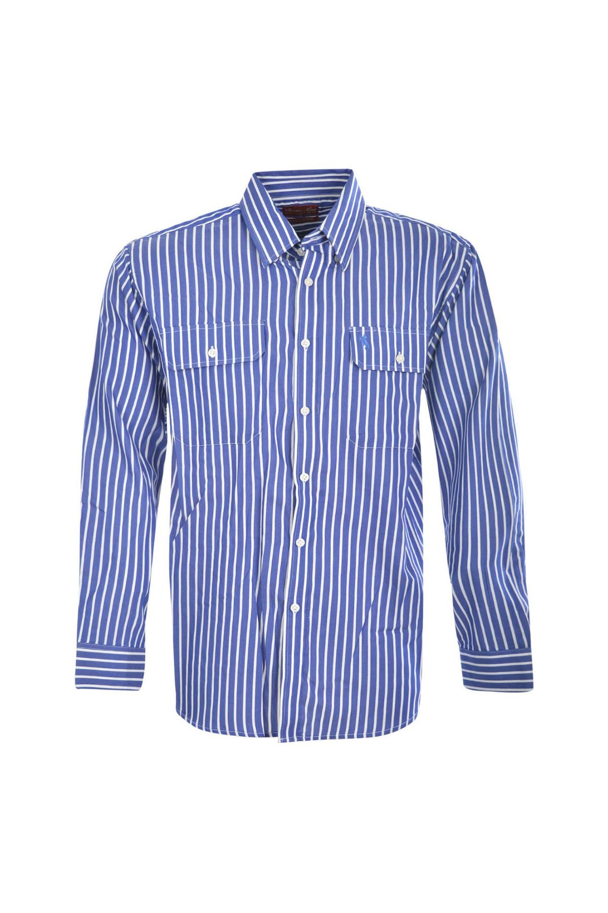 A man wears a Thomas Cook Winton Shirt—blue and white vertical stripes, 100% cotton, two chest pockets—with dark jeans and a brown belt. The image is cropped at the mid-face and thighs.