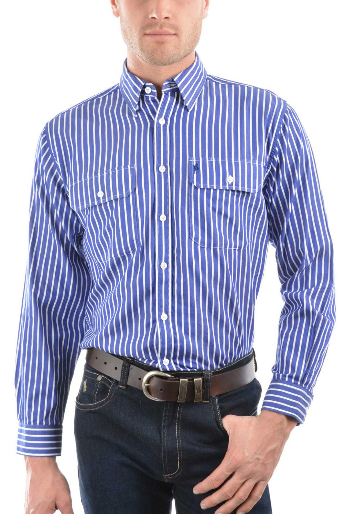 A man wears a Thomas Cook Winton Shirt—blue and white vertical stripes, 100% cotton, two chest pockets—with dark jeans and a brown belt. The image is cropped at the mid-face and thighs.