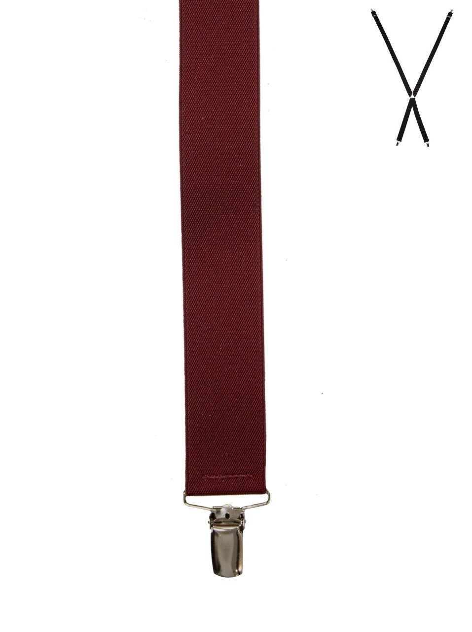 The Buckle Plain Braces, in maroon, features high-quality clasps and adjustable straps. Displayed vertically on a white background, it includes an illustration of crossed black suspenders in an x-back shape in the upper right corner.