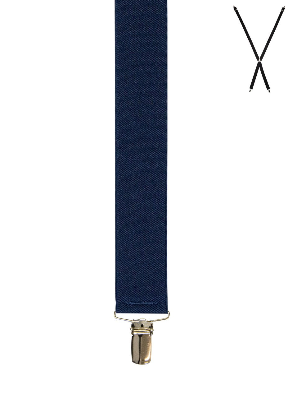 The Buckle Plain Braces in navy feature adjustable straps and silver metal clips for a perfect fit. Highlighted are a vertical strap with a detailed clasp view and a full X-back shape in the top right corner, set against a white background.