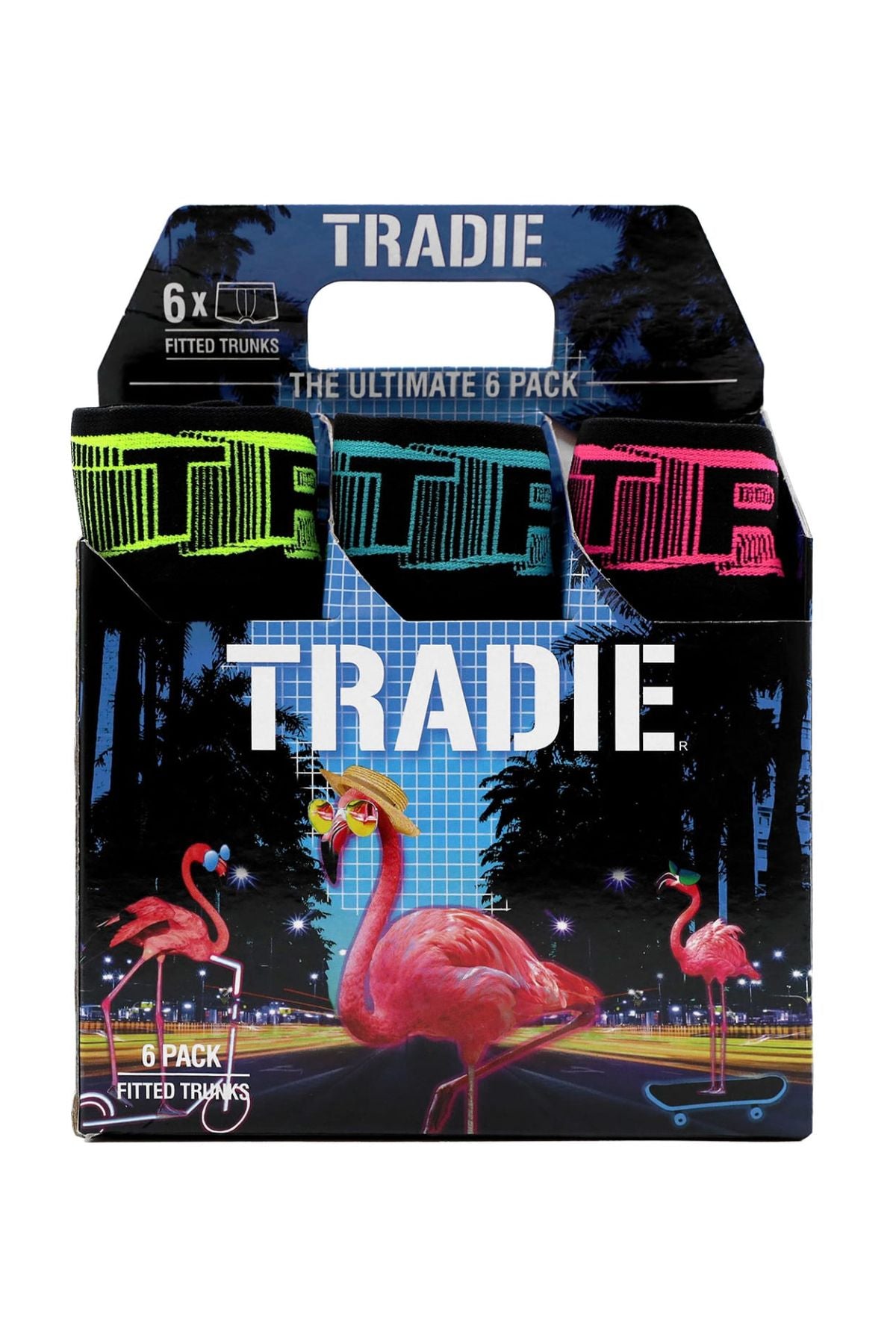 The Tradie Mens 6PK Trunk features multi-coloured waistbands, neon designs, and vibrant packaging with pink flamingos, palm trees, and a night cityscape for standout style and a comfortable fit.