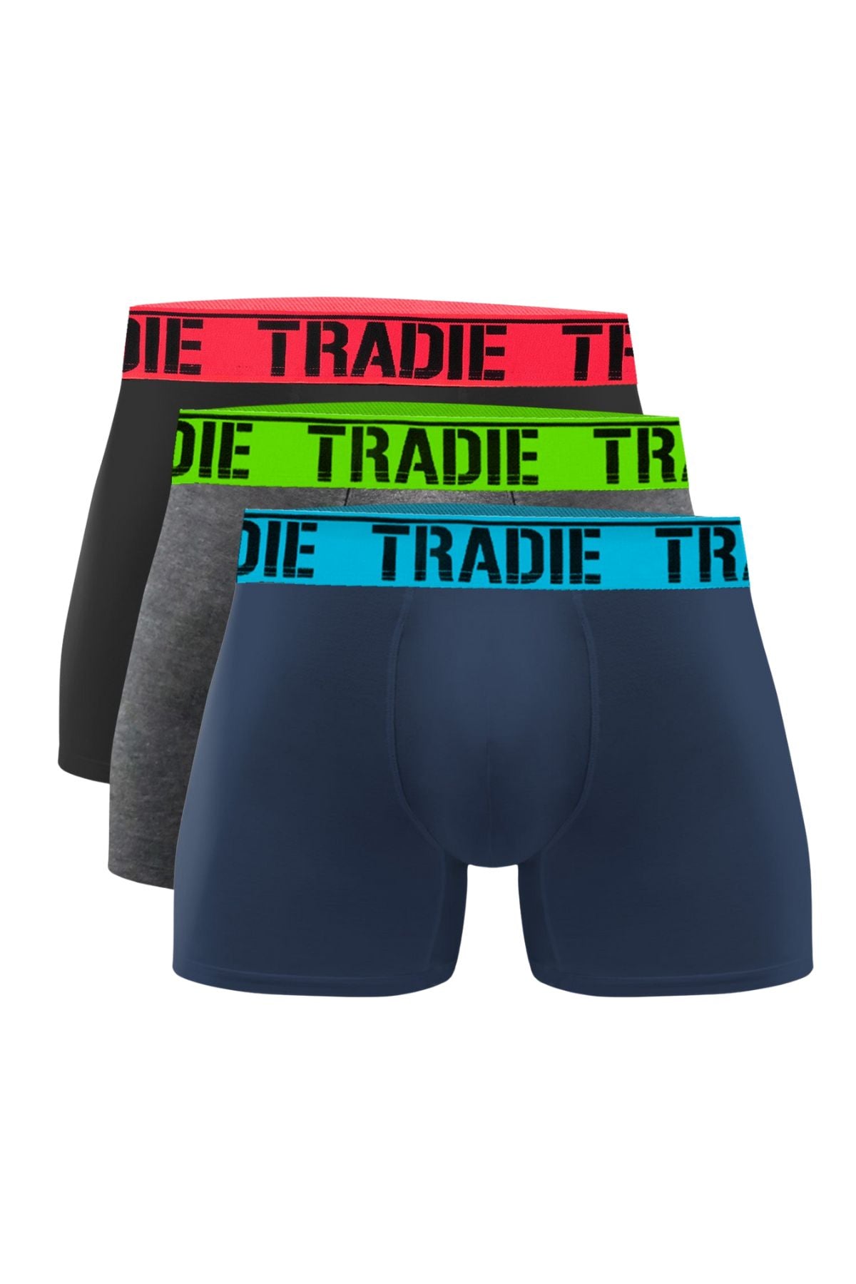 The Tradie Mens 3PK Trunk includes three pairs—in black, gray, and navy—made from a cotton elastane blend for comfort. Each features a colorful TRADIE-labeled waistband: red on black, green on gray, and blue on navy.