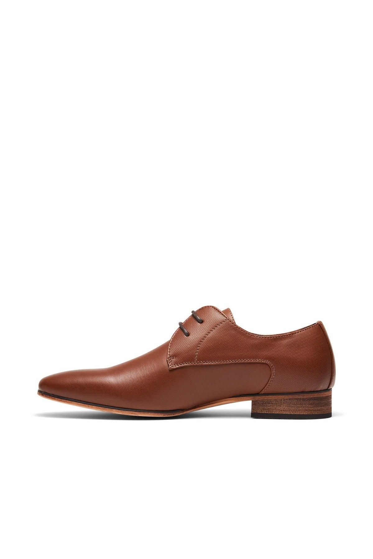 The UNcut Chartwell Shoes are brown leather dress shoes with black laces and a wooden heel, offering a sleek design perfect for formal events or professional settings.