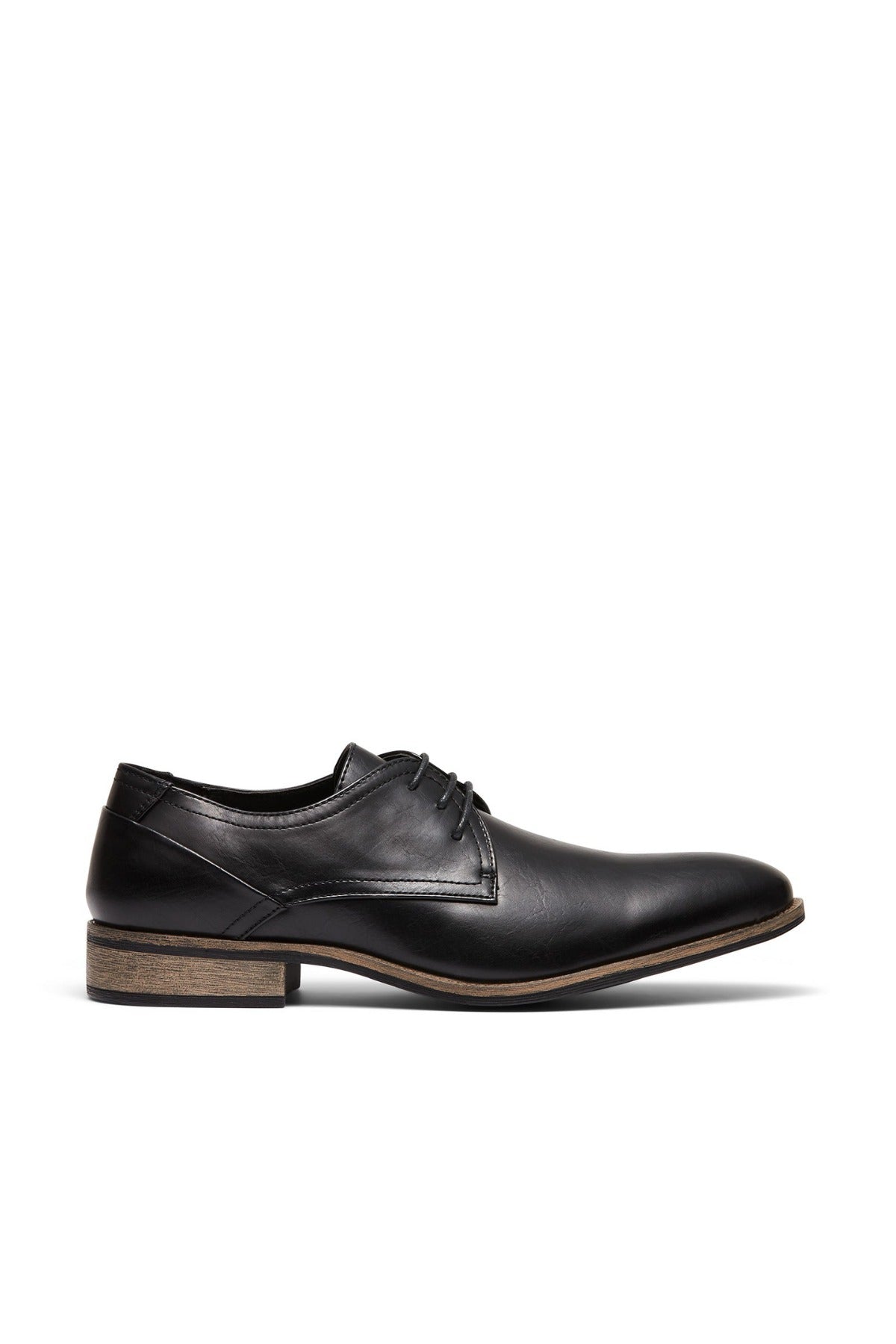 The UNcut Rhine Shoe features a black non-leather upper, low wooden heel, and black laces, displayed in a side profile on a white background—ideal for formal occasions.