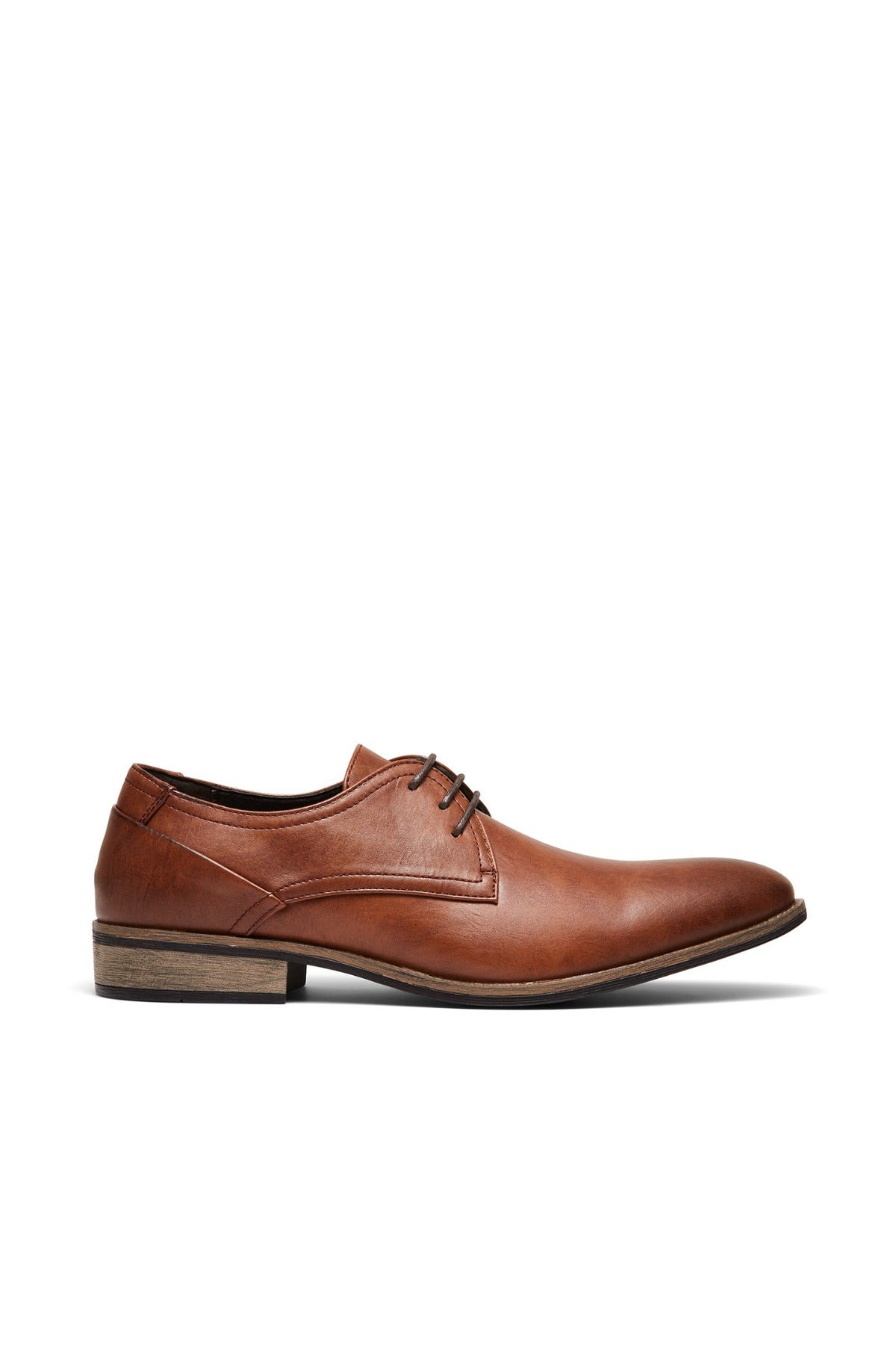 A single UNcut Rhine Shoe in brown, featuring a non-leather upper, black laces, slightly pointed toe, and low wooden heel—ideal for formal wear—is displayed against a white background.
