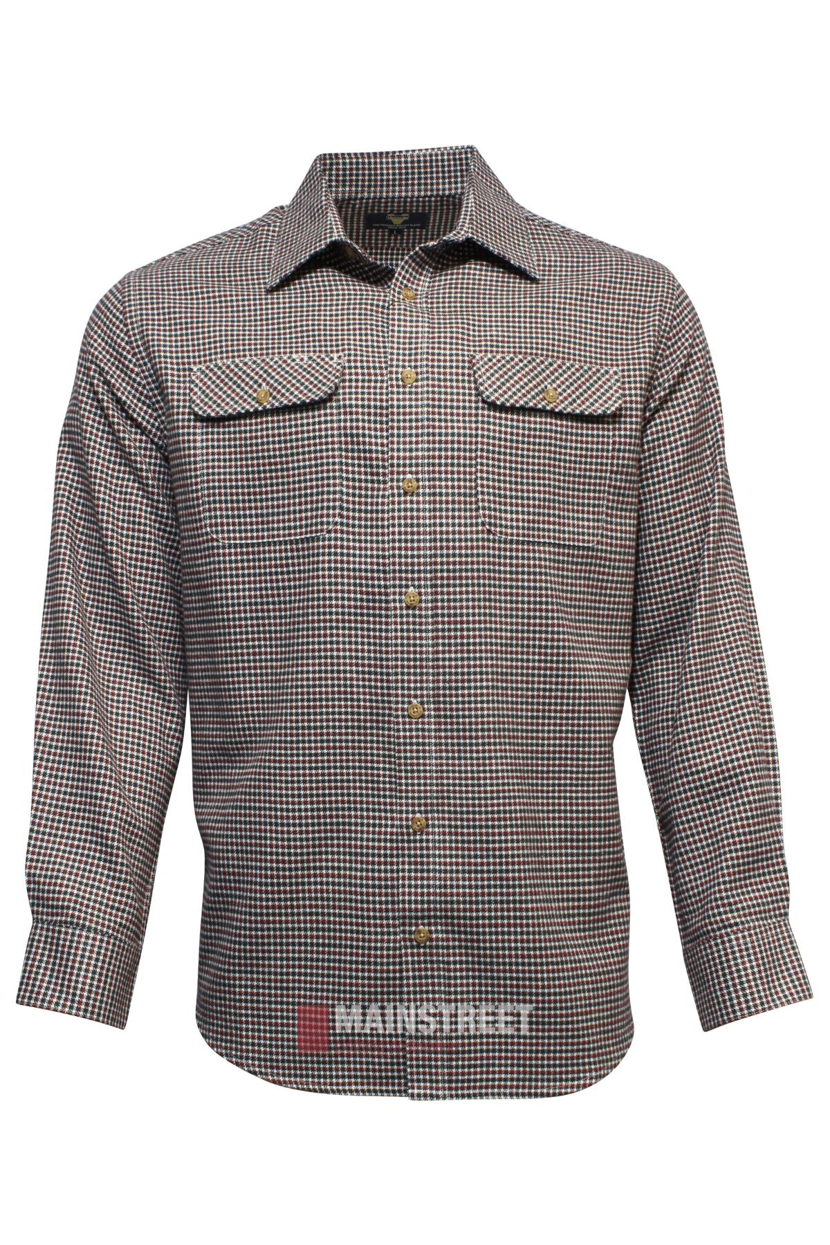 The Vonnella Double Pocket Shirt showcases a brown and white checkered design, gold buttons, and buttoned chest pockets. It is photographed against a plain white background.