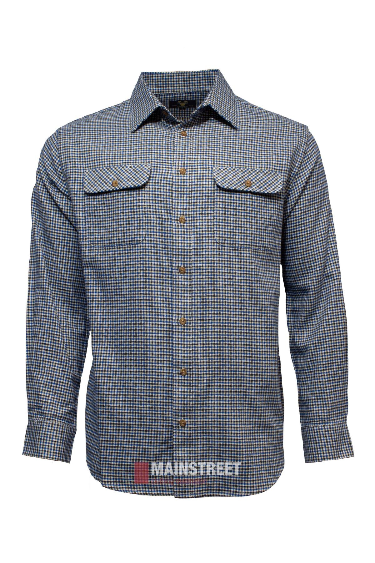 The Vonnella Double Pocket Shirt features a blue and white checkered cotton design, long sleeves, two chest pockets, and brown buttons. Displayed on a plain white background with the "MAINSTREET" logo at the bottom center.
