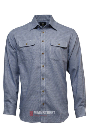 The Vonnella Double Pocket Shirt is a light blue, long sleeve shirt with a subtle checkered pattern, buttoned chest pockets, and brown buttons down the front.