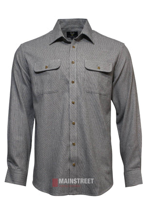 The Vonnella Double Pocket Shirt is a comfortable, long-sleeve gray shirt featuring buttoned chest pockets, a subtle checkered pattern, and the MAINSTREET logo at the image's bottom.