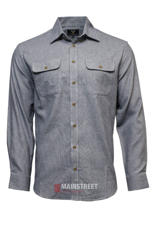 The Vonnella Double Pocket Shirt is a gray, long-sleeve, button-up shirt made from a cotton-acrylic blend. It features two buttoned chest pockets and a pointed collar, shown on a plain white background.
