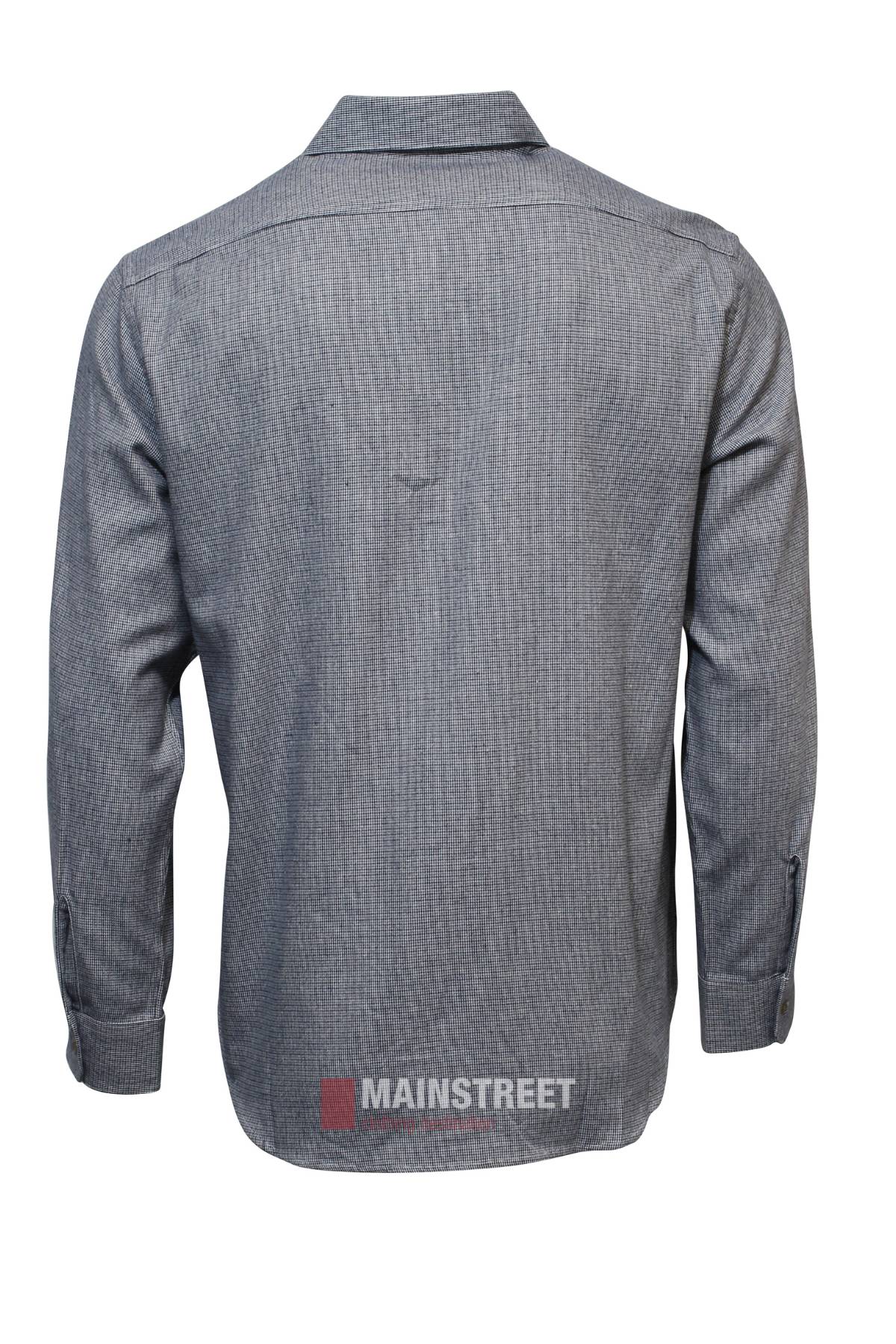 Back view of the Vonnella Double Pocket Shirt in textured cotton-acrylic blend, featuring a collar, buttoned cuffs, and subtle "MAINSTREET" lettering near the bottom hem.